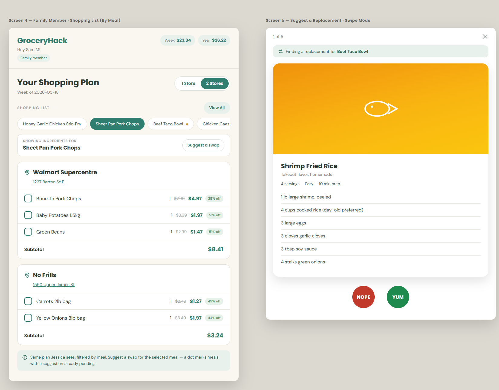 GroceryHack mockups: the family member's shopping list filtered by meal, and the swipe-mode screen for suggesting a replacement meal