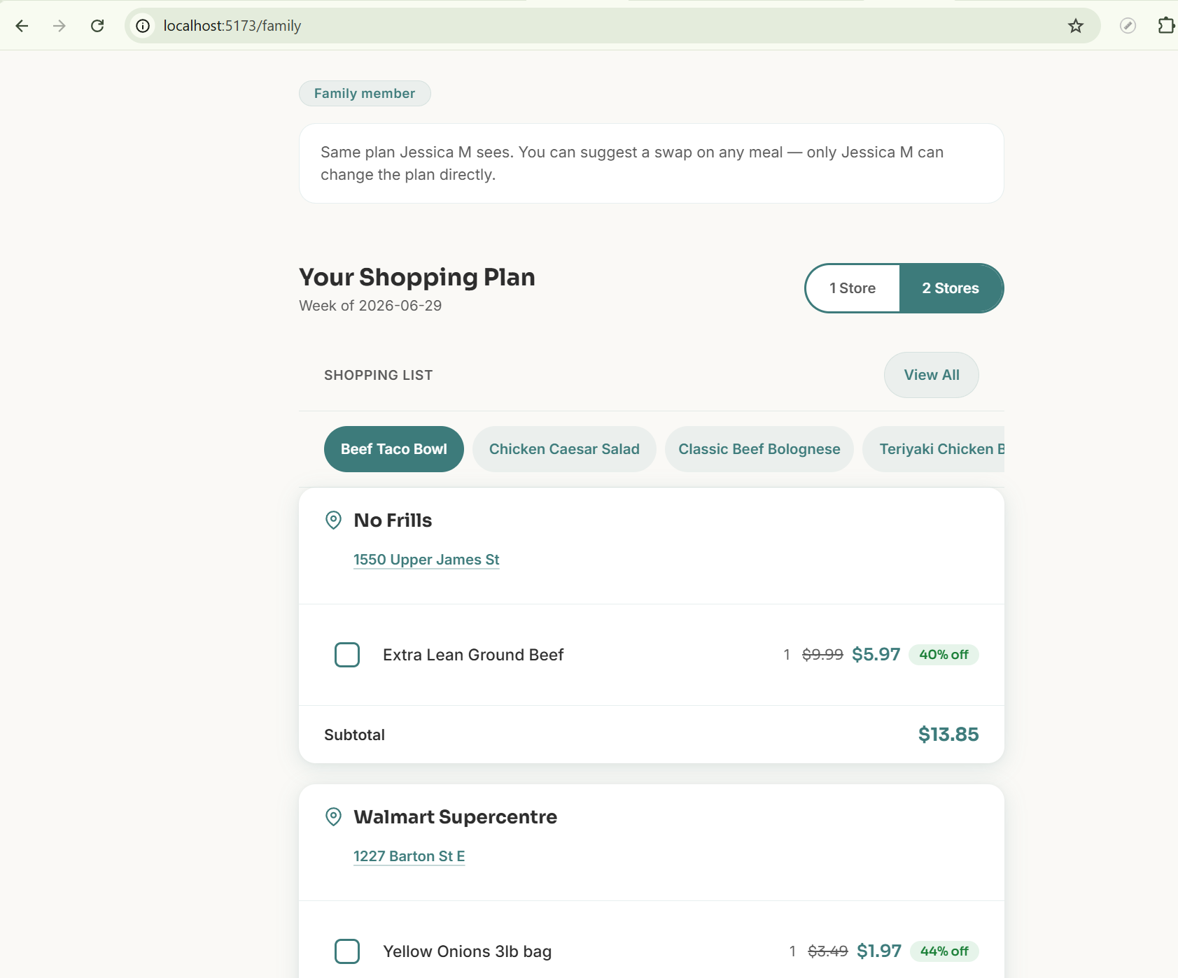 The implemented /family page running locally: the family member sees the account holder's shopping plan read-only, with the "Family member" badge and info banner